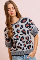 BiBi Two Tone Detail Leopard Knit Double Sleeves Top