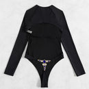 Long Sleeve Backless T-back Light Diamond One-piece Swimsuit