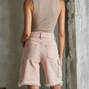 Washed Distressed Denim With Raw Edges And Multiple Pockets Womens Cropped Jeans