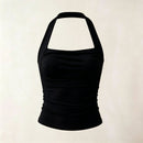 Womens Cold-Shoulder Pleated Backless Yoga Tank Top