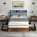 Twin/Full/Queen Bed Frame with LED Lights Upholstered Headboard and 4 Storage Drawers