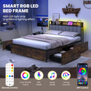 Twin/Full/Queen Bed Frame with LED Lights Upholstered Headboard and 4 Storage Drawers