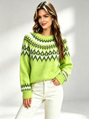 Womens Retro Fair-Isle Knit Crew-Neck Sweater