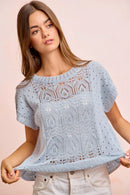 BiBi Washed Eyelet Short Sleeve Breathable Knit Top