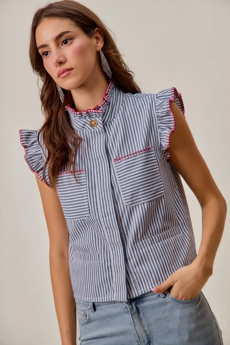 SO ME Stripe Twill Stitch Ruffled Hidden Button Vest Top