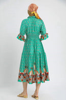 Umgee Printed Smocked Waist Flounce Sleeve Midi Dress
