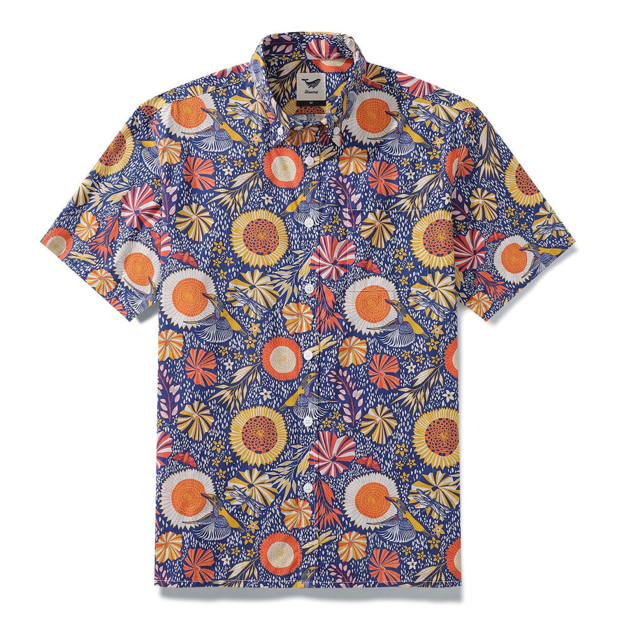 Men's Hawaiian Shirt 1960s Vintage Kingfisher and Flowers Print Cotton Button-down Short Sleeve Aloha Shirt Kingfisher And Flowers By Nina Leth
