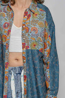 POL Patchwork Mixed Textured Paisley Floral Stripe Long Sleeve Shirt