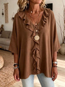 Full Size Ruffle V-Neck 3/4 Sleeve Blouse Plus Size