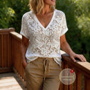 Womens Hollow-Out Casual V-Neck Short-Sleeve Top