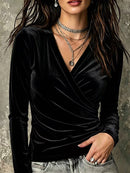 Crossover V-neck Pleated Long-sleeve T-shirt Casual Top