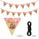 Personalized Photo Birthday Flag Banner with Name and Age - Custom Round Photo Pennant Bunting for Kids, Adults and Pets - Pink Peach or Blue