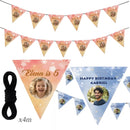 Personalized Photo Birthday Flag Banner with Name and Age - Custom Round Photo Pennant Bunting for Kids, Adults and Pets - Pink Peach or Blue