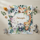 Personalized Safari Animals Blanket with Name | Botanical Wreath Design | Custom Baby & Kids Gift