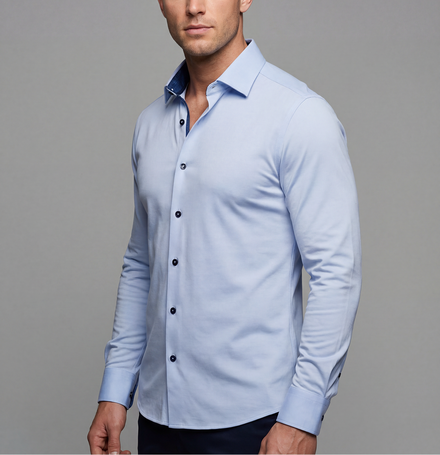 Ralph// Cotton Knit-Stretch Button-Up Shirt With Contrast Details // Blue // Tailored Fit (Fitted)