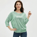 Jasambac Womens Sparkle Sequin Top Loose Cold Shoulder, Green, Size Small