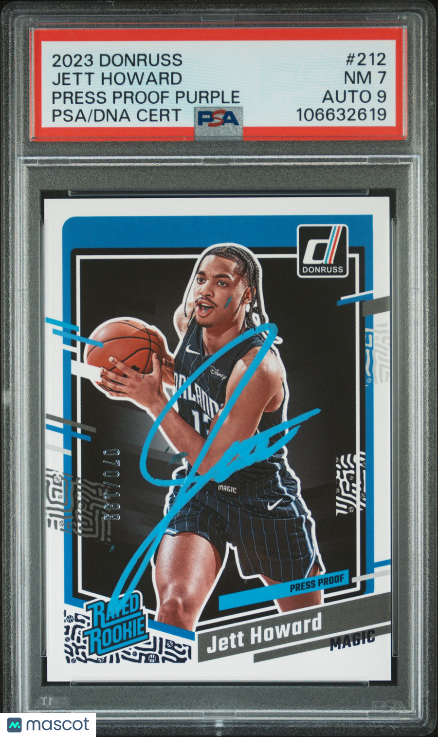2023 Panini #212 Jett Howard Press Proof Purple 70/199 signed Card PSA 7 AUTO 10