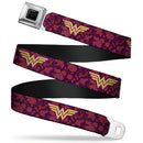 Wonder Woman Black Silver Seatbelt Belt - Wonder Woman Logo/Floral Collage Purple/Pinks/Gold Webbing