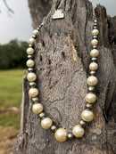 Graduated White Pearl and German Silver Beaded Necklace