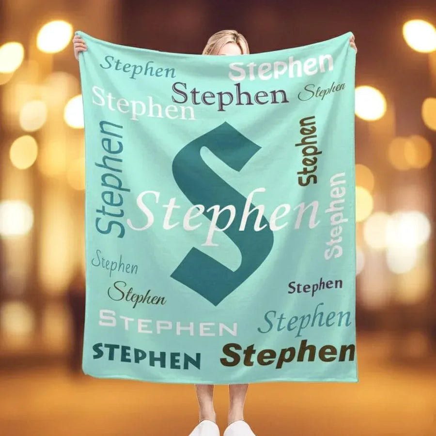 Your Letter & Name, Personalized Name Blanket, Soft Flannel Fleece Throw, Mint Green Navy