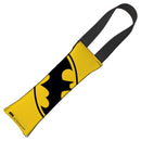 Dog Toy Squeaky Tug Toy - Batman JL Rebirth Face + Bat Icon CLOSE-UP Yellow Black - BLACK Webbing