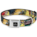 DC LEAGUE OF SUPER-PETS Logo Full Color Black/White Seatbelt Buckle Collar - DC LEAGUE OF SUPER-PETS 6-Superhero Pet Poses Collage Yellows