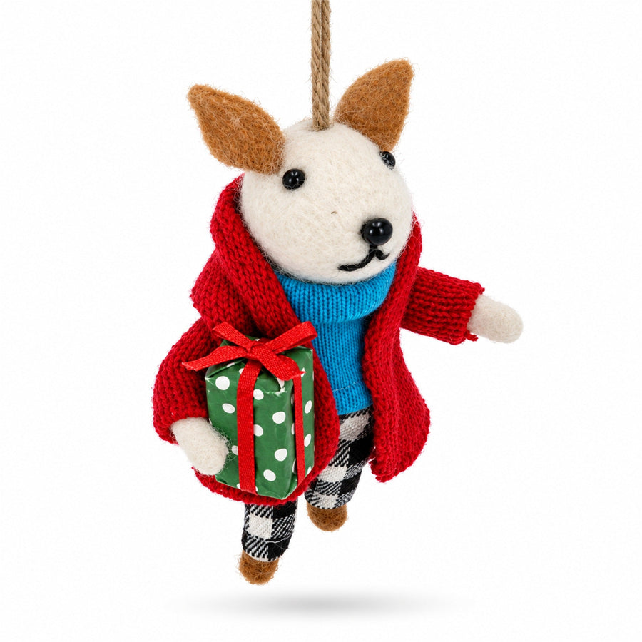 Dog In Plaid Pants With Present Felt Fabric Christmas Ornament