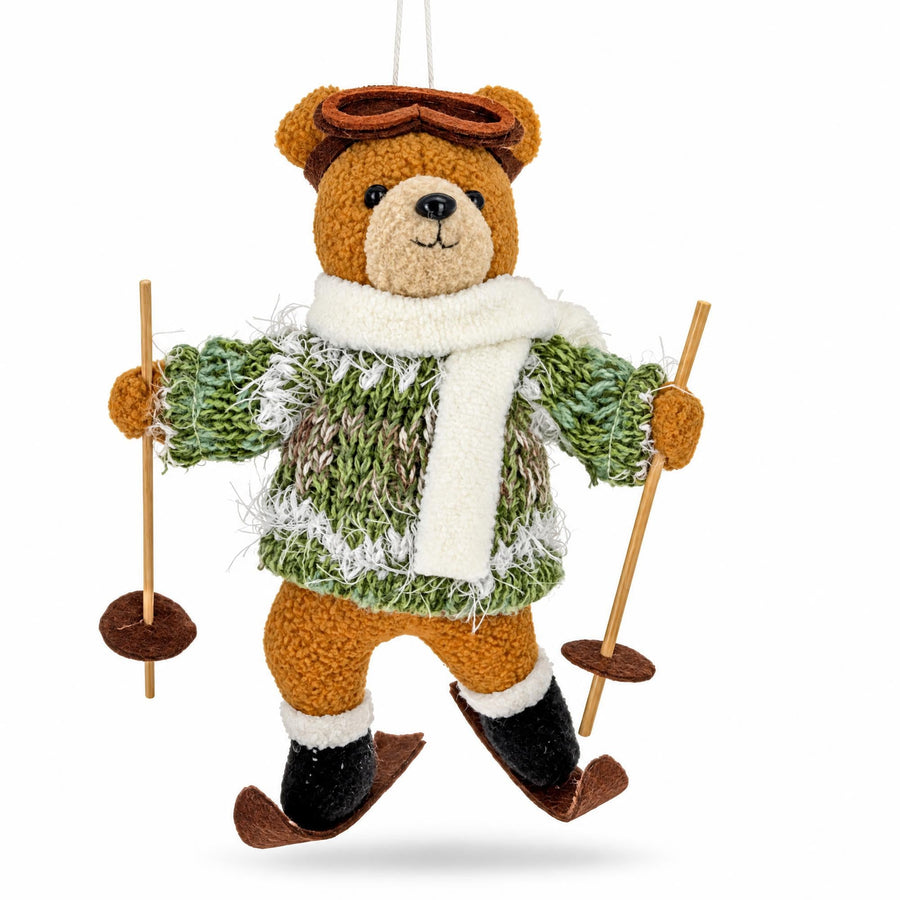 Skiing Brown Bear Felt Fabric Christmas Ornament