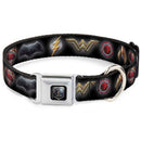 JL 2017 Badge Full Color Black/Grays Seatbelt Buckle Collar - Justice League 2017 6-Superhero Icons Black