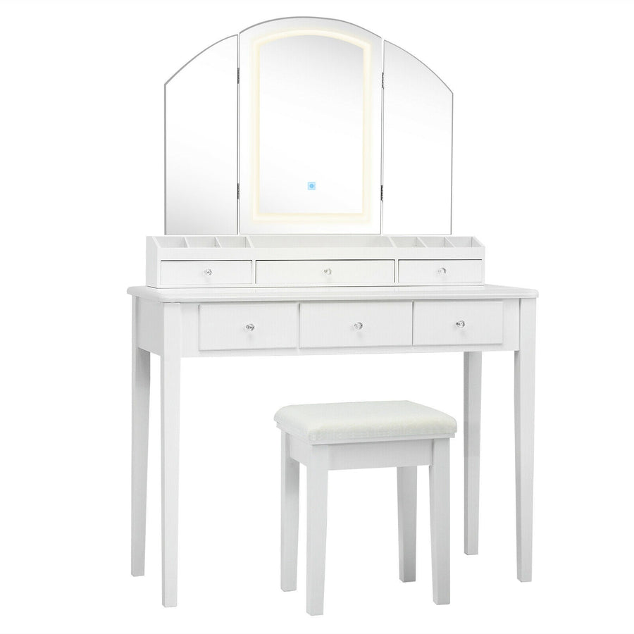 Vanity Table Stool Set with Large Tri-folding Lighted Mirror