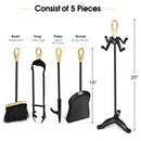5 Pieces Rustic Heavy Duty Compact Wrought Iron Fireplace Tools Set