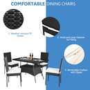 5-Piece Rattan Patio Dining Set with Glass Top & Cushions