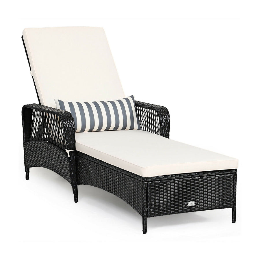 Patio Wicker Chaise Lounge Chair with Pillow and Adjustable Backrest with Cushion-Black