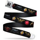 JL 2017 Badge Full Color Black Grays Seatbelt Belt - Justice League 2017 6-Superhero Icons Black Webbing