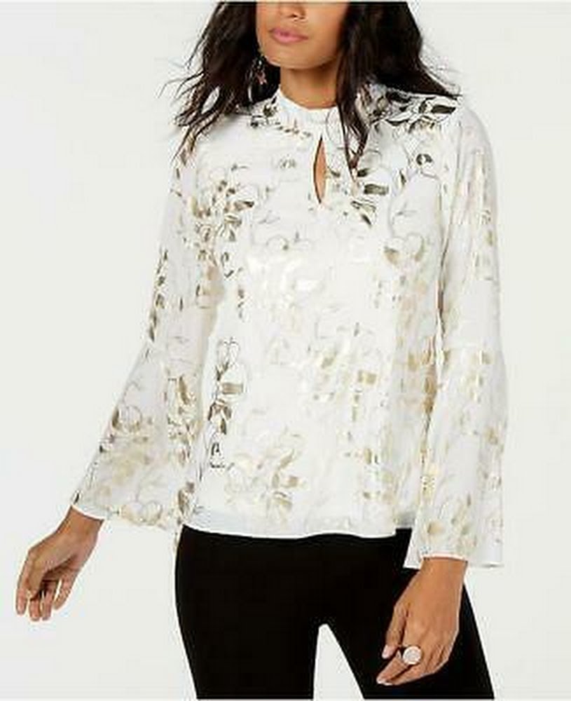 Thalia Sodi Metallic-Print Bell-Sleeve Top, Small