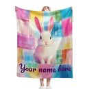 Personalized White Bunny Blanket: Rainbow Patchwork Microfiber Throw, Rabbit, Super Soft Name Gift