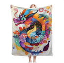 Personalized Dragon Blanket | Custom Name | Folk Art Lunar Dragon Coiling Colorful Paint Splash Cream Background Flannel Fleece Throw Gift