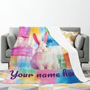 Personalized White Bunny Blanket: Rainbow Patchwork Microfiber Throw, Rabbit, Super Soft Name Gift