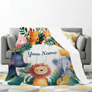 Personalized Safari Animal Blanket | Custom Name | Lion Elephant Giraffe Hippo Tropical Jungle Fleece Throw Gift