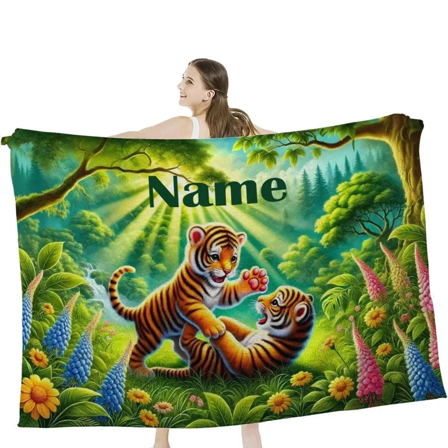 Personalized Tiger Blanket | Custom Name | Baby Tiger Cubs Enchanted Forest Jungle Fleece Throw Gift