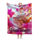 Personalized Cat Fleece Blanket: Pink Floral Kitty Design, Soft Custom Name Gift