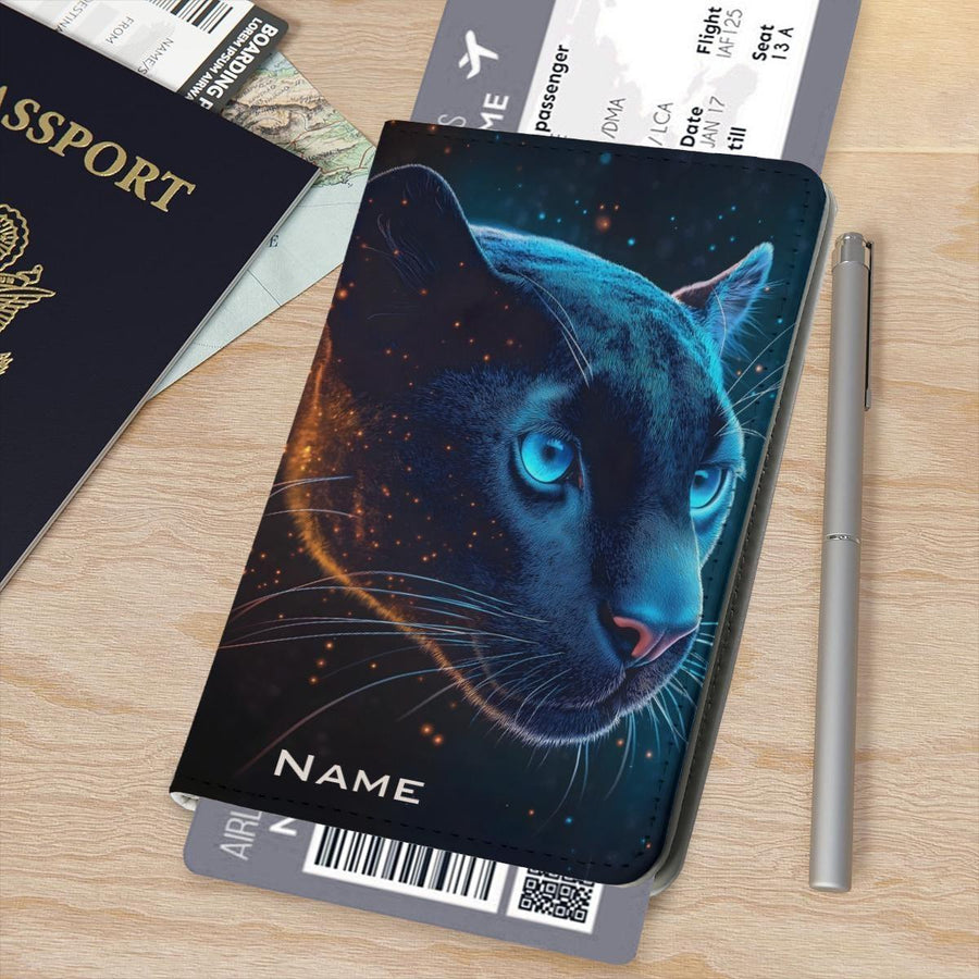 Personalized Panther Passport Holder | Custom Name | Celestial Black Panther Cosmic Sparks PU Leather Travel Cover Gift