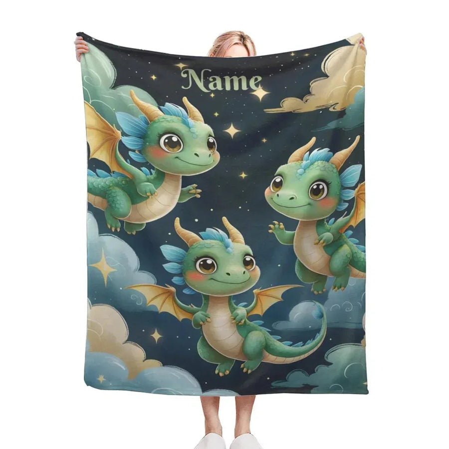 Personalized Green Dragon Blanket: Starry Night Bedroom Decor, Flannel Fleece Throw