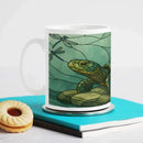 Stained Glass Sea Turtle Mug | Tiffany Style Art | Turtle and Dragonfly Teal Green Water Scene 11oz Ceramic Coffee Tea Cup Gift