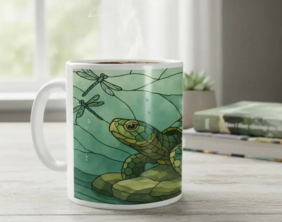 Stained Glass Sea Turtle Mug | Tiffany Style Art | Turtle and Dragonfly Teal Green Water Scene 11oz Ceramic Coffee Tea Cup Gift