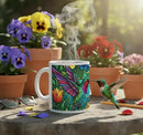 Hummingbird Mug | Stained Glass Jewel-Tone Hummingbird Tropical Flowers Ceramic Coffee Tea Cup Gift