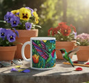 Hummingbird Mug | Stained Glass Jewel-Tone Hummingbird Tropical Flowers Ceramic Coffee Tea Cup Gift