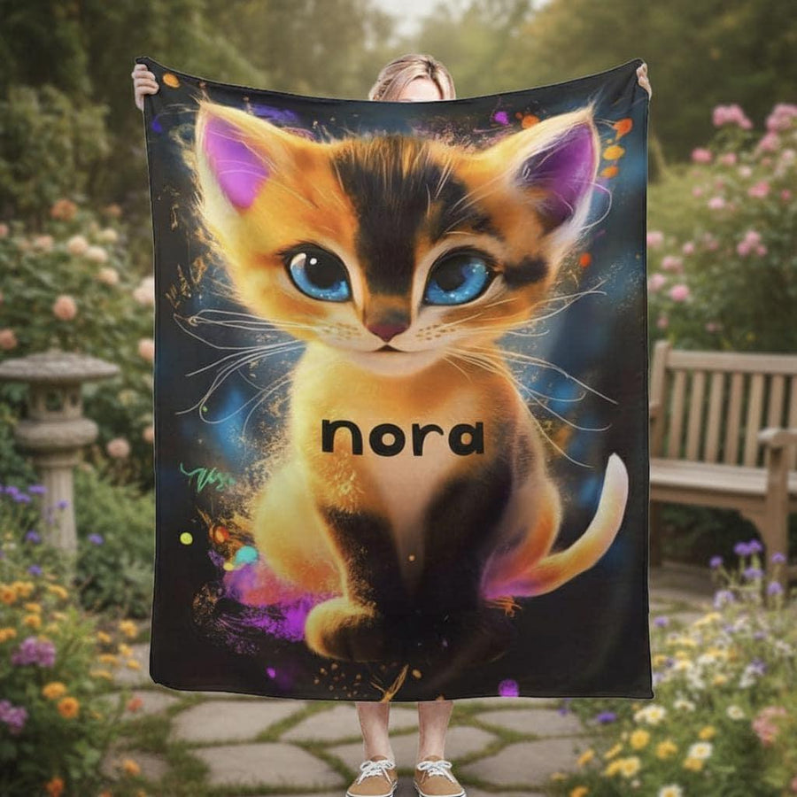 Personalized Starry-Eyed Kitten Blanket | Custom Name | Galaxy Cat Blue Eyes Fleece Throw Gift