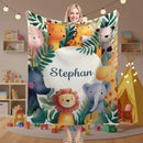 Personalized Safari Animal Blanket | Custom Name | Lion Elephant Giraffe Hippo Tropical Jungle Fleece Throw Gift