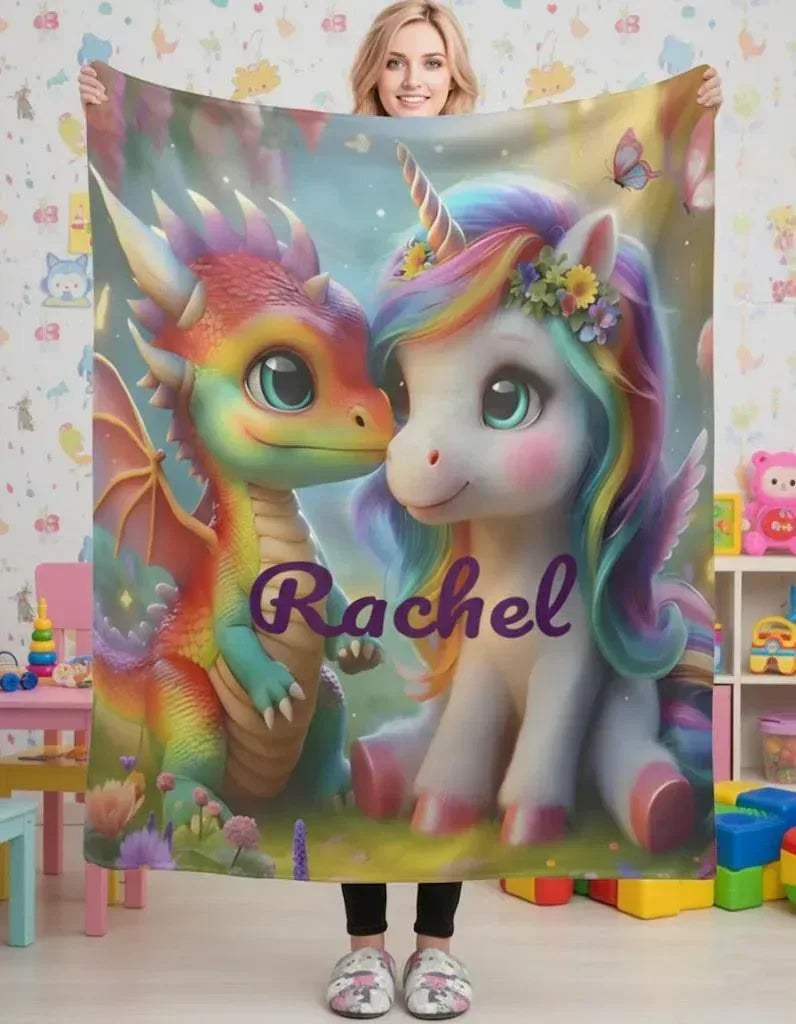 Personalized Unicorn and Dragon Blanket | Custom Name | Baby Dragon Unicorn Friends Fleece Throw Gift